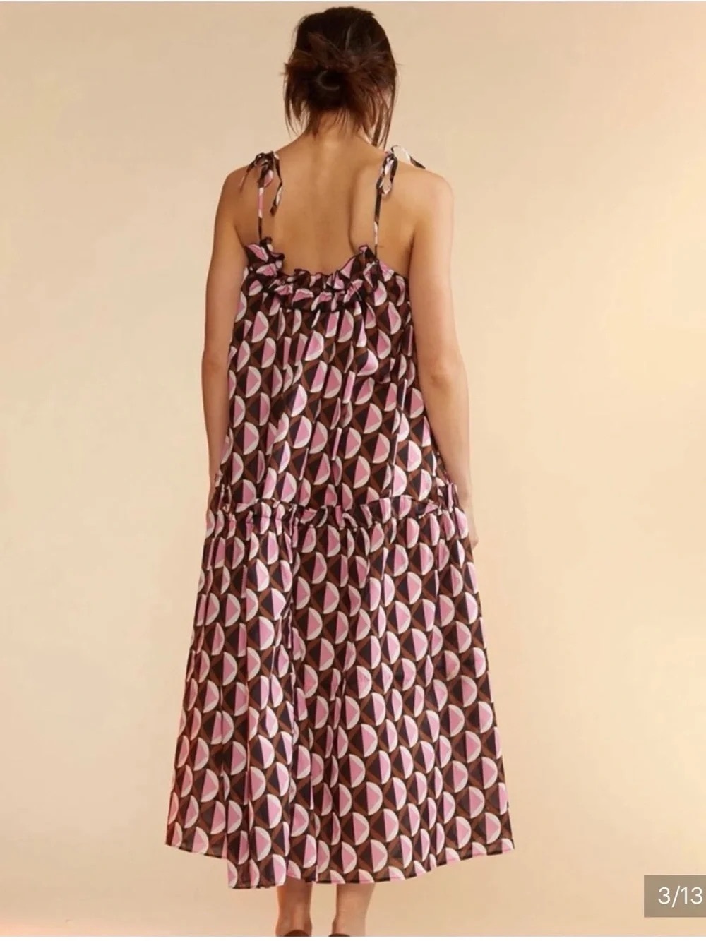 Cynthia Rowley Pink & Brown Geometric Tie‑Shoulder Midi Dress